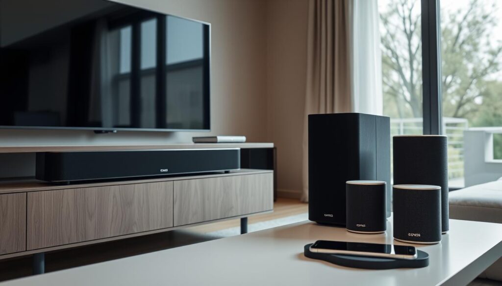 Detailed scene of a modern Sonos audio ecosystem: In the foreground, a sleek Sonos soundbar sits atop a TV stand, its clean lines and matte black finish blending seamlessly with the minimalist decor. Nearby, a Sonos subwoofer and a pair of Sonos One speakers are artfully arranged, creating a surround sound setup. The mid-ground features a tabbee.fr wireless charging pad and a smartphone, seamlessly integrating digital control. The background showcases a contemporary living room with large windows, allowing natural light to filter in and highlighting the premium aesthetic of the Sonos system. Soft, even lighting and a serene, sophisticated ambiance convey the high-end, immersive audio experience of the Sonos ecosystem.