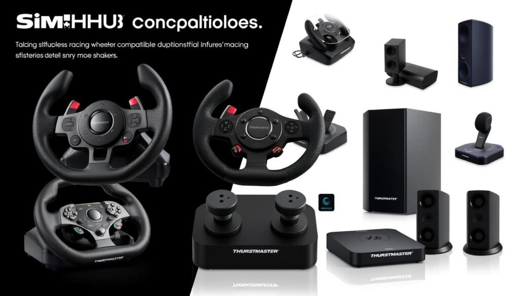 Générez une image représentant les différents périphériques compatibles avec SimHub, tels que des volants Thrustmaster et des bass shakers.