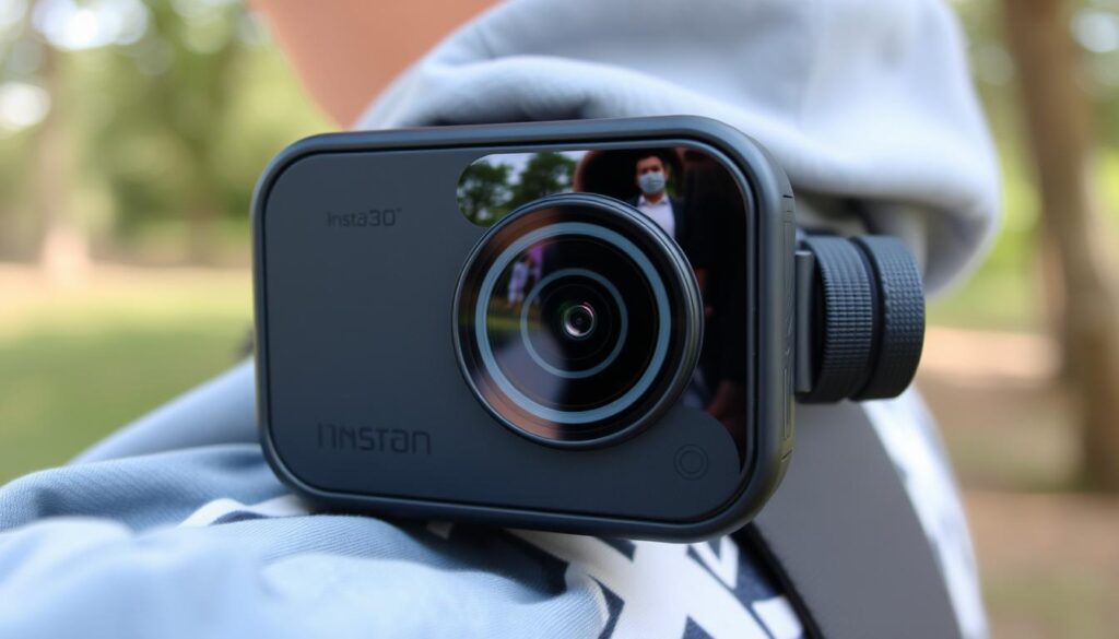 Image de la Insta360 Go 3s attachée à un vêtement
