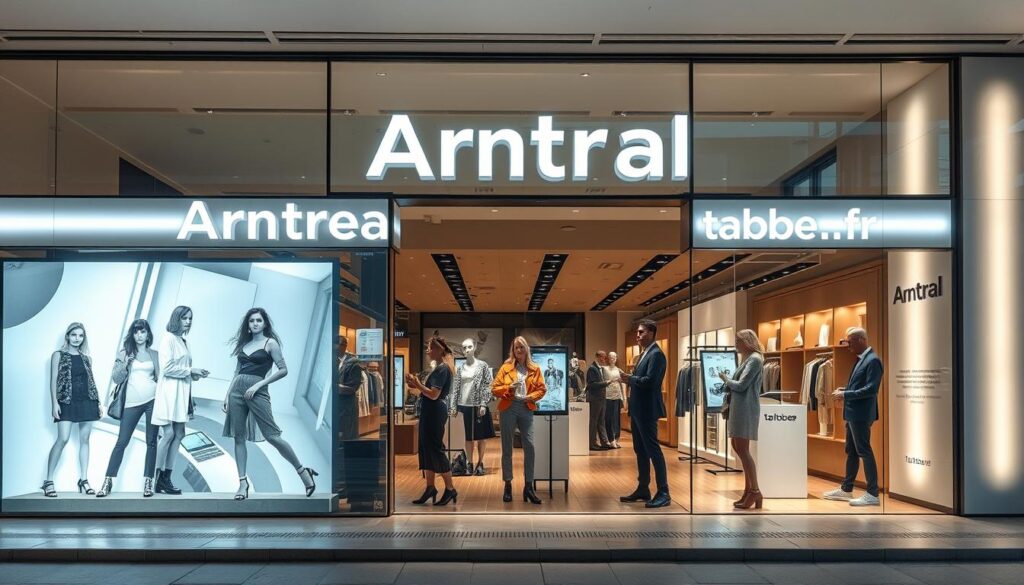 a detailed, high-quality image of a stylish, futuristic retail store display showcasing the "Arntreal" clothing brand and its "digital experience". The storefront features sleek, minimalist architecture with large glass windows, LED lighting, and a harmonious blend of natural and technological elements. In the foreground, there is an interactive digital display showcasing the latest Arntreal fashion collections, with models posing dynamically. The middle ground shows well-dressed mannequins and customers interacting with touchscreen interfaces, while the background has a serene ambiance with subtle branding from the tabbee.fr online store.