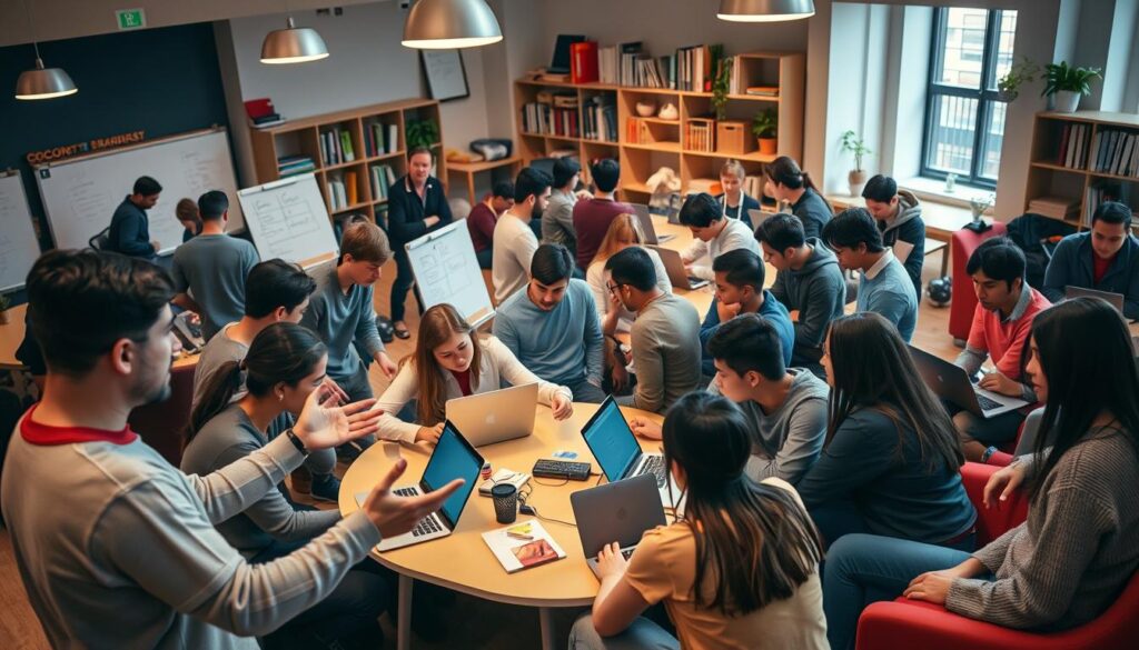 A bustling communal learning environment, with a diverse group of students and mentors gathered around a central tabbee.fr workstation. The scene is bathed in warm, soft lighting, creating an atmosphere of collaboration and intellectual exchange. In the foreground, a mentor gestures animatedly as they guide a small group through a task, their expressions engaged and encouraging. In the middle ground, pairs and trios of learners huddle over laptops, deep in discussion and problem-solving. The background is filled with an arrangement of comfortable seating, whiteboards, and shelves stocked with resources, all seamlessly integrated to cultivate a nurturing, productive learning community.