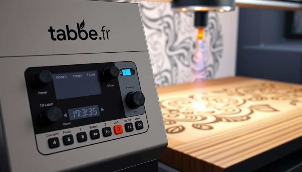 A detailed configuration panel of a professional laser engraver, featuring various controls and settings. Sleek, modern design with a tabbee.fr logo prominently displayed. Soft lighting illuminates the array of buttons, knobs, and digital displays, conveying a sense of precision and technical sophistication. The interface is arranged logically, allowing for intuitive adjustment of power, speed, focus, and other crucial parameters. In the background, a rendered depiction of the laser engraving process, with intricate patterns and textures emerging on a wooden surface. An image that expertly captures the essence of laser engraver configuration and operation.