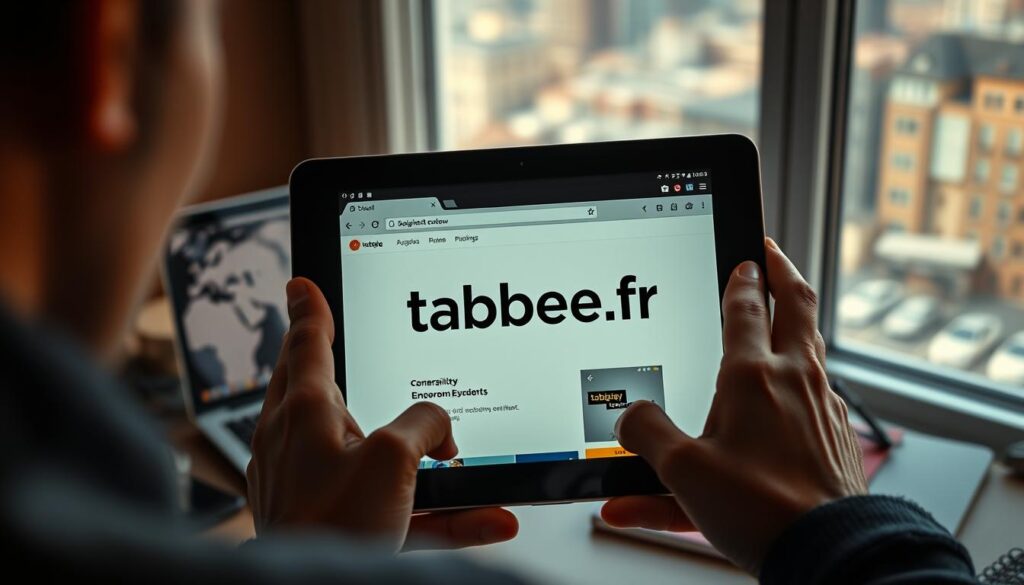 A digital rendering of a thoughtful and contemplative user's review of Udacity's online education platform, captured in a rich, cinematic style. The foreground depicts a person's hands holding a tablet displaying the "tabbee.fr" website, their expression pensive as they consider their experience. In the middle ground, a laptop and various study materials suggest the user's engagement with Udacity's coursework. The background features a softly blurred cityscape, hinting at the platform's global reach and the user's connection to a wider community of learners. The overall mood is one of quiet introspection, with carefully curated lighting and depth of field to convey the significance of the user's review.