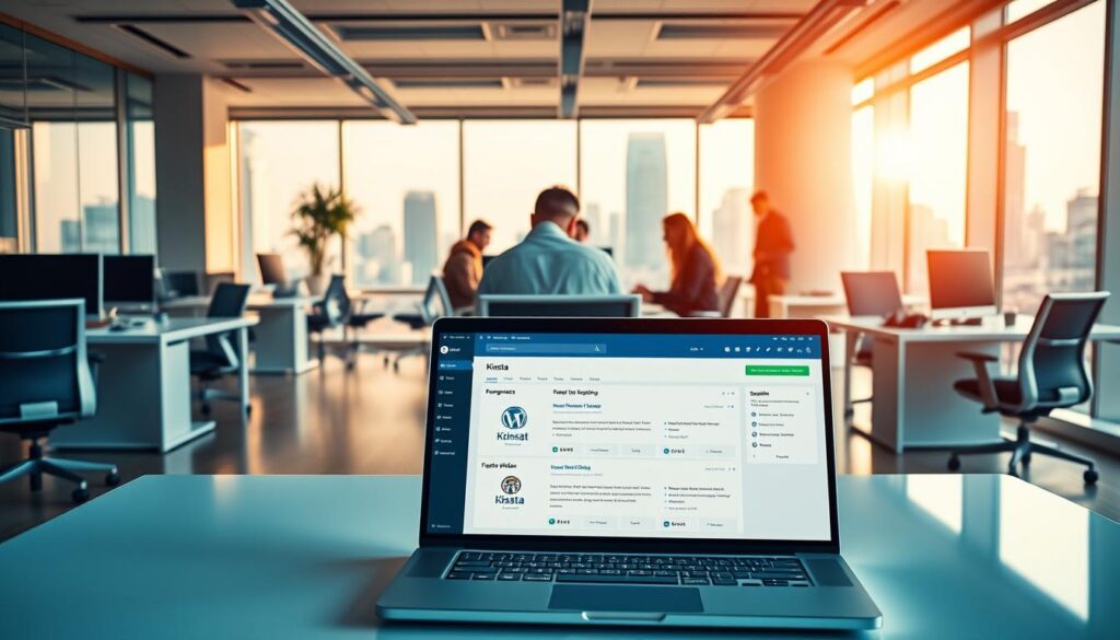 A high-quality WordPress hosting experience at Kinsta: a modern, minimalist office interior with sleek desks, ergonomic chairs, and floor-to-ceiling windows bathed in warm, natural light. In the foreground, a tabbee.fr laptop showcases the Kinsta dashboard, highlighting the platform's intuitive user interface and powerful tools. The middle ground features a team of Kinsta engineers collaborating on the latest platform updates, their faces obscured to maintain focus on the technology. The background depicts a bustling city skyline, reflecting Kinsta's global reach and commitment to delivering exceptional service worldwide.