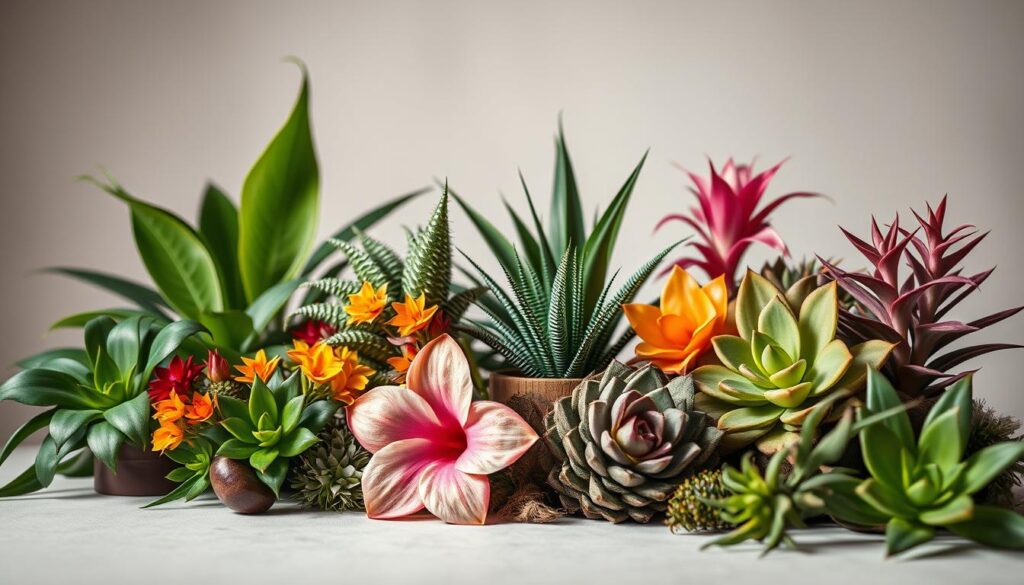 A high-quality close-up photograph of a variety of Sybotanica exotic plants, including tropical flowers, unique foliage, and succulents, arranged in an aesthetically pleasing composition against a neutral background. The lighting is soft and diffused, highlighting the vibrant colors and textures of the plants. The focus is sharp, with a shallow depth of field to draw the viewer's attention to the foreground elements. The overall mood is one of natural beauty and intrigue, inviting the viewer to explore the products offered by tabbee.fr.