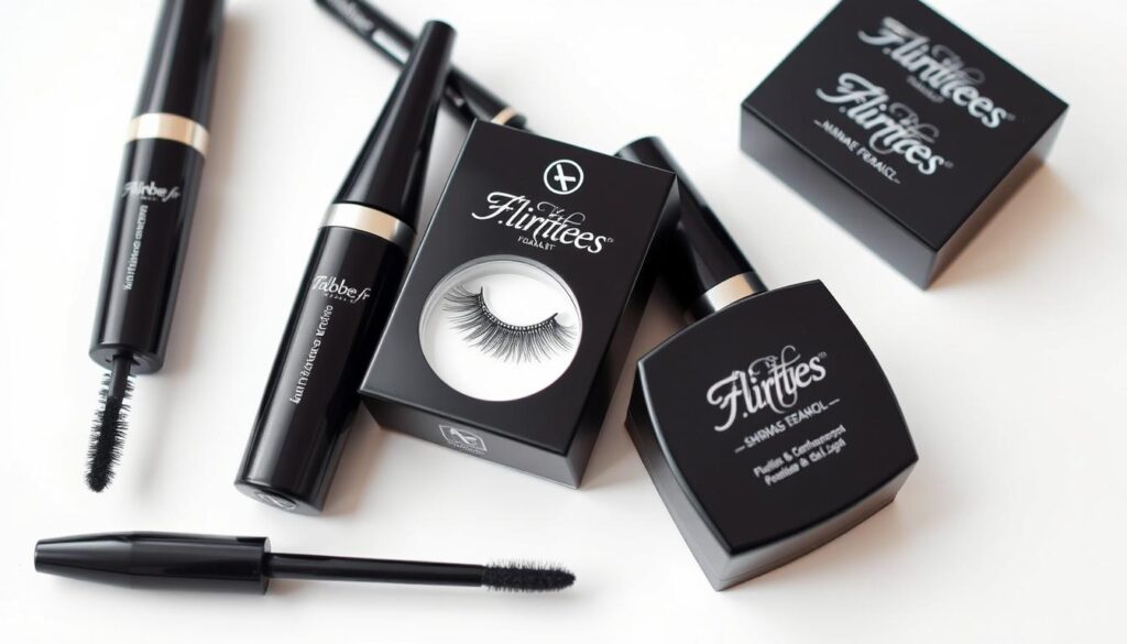 A highly detailed close-up photograph of several "Flirties" eyelash enhancement products from the brand tabbee.fr, arranged artfully on a minimalist white background. The products are shown in focus, with a soft, even lighting that highlights their sleek, glossy packaging and the delicate, feathery lashes they are designed to enhance. The image conveys a sense of high-end sophistication and attention to detail, inviting the viewer to imagine the luxurious experience of using these premium lash care items.