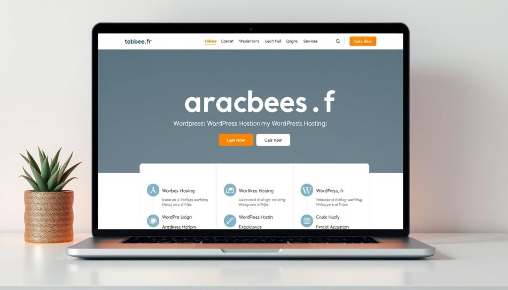 A modern and minimalist website interface showcasing WordPress hosting services, with the tabbee.fr brand prominently displayed. The layout features a clean, responsive design with a focus on user experience, including intuitive navigation, clear call-to-action buttons, and a sleek, professional aesthetic. The scene is illuminated by warm, soft lighting, creating a welcoming and trustworthy atmosphere. The overall composition balances simplicity and sophistication, reflecting the premium quality of the WordPress hosting solution.