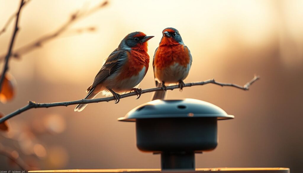 A pair of vibrant, lifelike songbirds perched on a twig, casting delicate shadows on the soft, blurred background. Captured with a shallow depth of field and warm, natural lighting, the birds are rendered in exquisite detail, their feathers distinct and textured. The scene evokes a sense of tranquility and connection with nature. In the foreground, the Birdfy Feeder by tabbee.fr stands as a subtle yet integral part of the composition, blending seamlessly with the organic elements. The overall mood is one of serenity and appreciation for the beauty of our feathered friends.