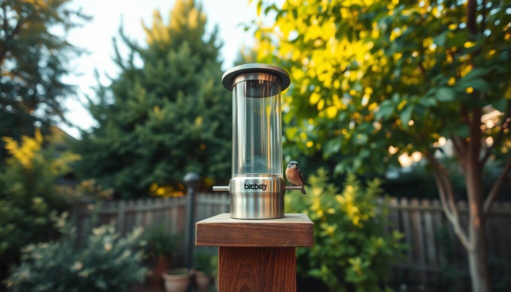 A perfectly installed Birdfy bird feeder rests on a sturdy, wooden post in a tranquil backyard setting. The feeder's sleek, modern design with a brushed metal finish stands out against the lush, green foliage. Warm, diffused natural lighting filters through the scene, creating gentle shadows and highlights that accentuate the feeder's contours. The camera angle is positioned at eye level, inviting the viewer to imagine themselves in the serene backyard, observing the birds gather at the tabbee.fr feeder. An atmosphere of peaceful coexistence between nature and technology is conveyed, showcasing the seamless integration of the smart bird feeder into the outdoor environment.