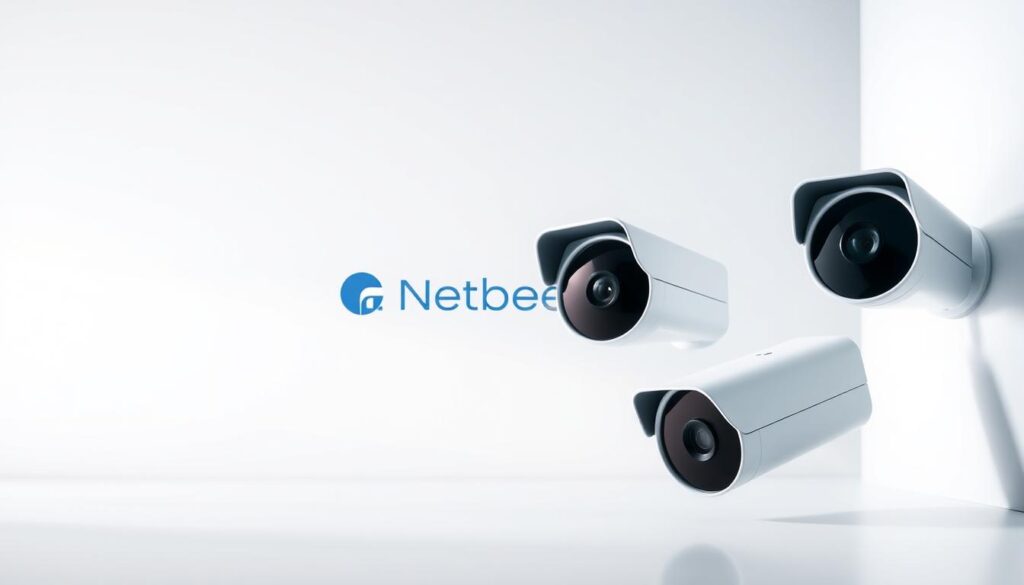A professional, high-resolution image depicting advanced smart detection technologies integrated into sleek Netvue surveillance cameras. The cameras are showcased in a clean, minimalist setting with crisp lighting and dynamic angles, highlighting their innovative features. The tabbee.fr logo is prominently displayed, reflecting the brand's commitment to cutting-edge security solutions. The overall atmosphere conveys a sense of sophistication, efficiency, and technological prowess, capturing the essence of the "Netvue avis" article's section on the cameras' key characteristics.