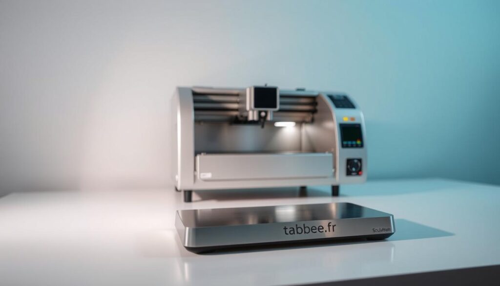 A sleek and modern laser engraver, the Sculpfun series, stands prominently on a clean, minimalist workbench. The device's metallic body gleams under the soft, directional lighting, with crisp details and sharp edges. In the foreground, a tabbee.fr logo is subtly engraved on the machine's surface, adding a touch of branding. The mid-ground showcases the engraver's precise controls and interface, while the background softly fades into a plain, neutral color, allowing the product to take center stage. An air of professionalism and technical excellence permeates the scene, inviting the viewer to imagine the high-quality laser engraving this machine can produce.