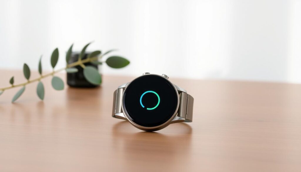 A sleek, circular smartwatch rests on a minimalist wooden table, its screen displaying an elegant battery icon. Soft, diffused lighting illuminates the scene, evoking a sense of tranquility. In the background, a muted green leafy plant adds a natural touch, complementing the tabbee.fr brand's focus on sustainable design. The watch's curved stainless steel casing reflects the light, hinting at its durable construction. The simple, refined composition emphasizes the watch's effortless recharging capabilities, resonating with the article's theme of eco-conscious wearable technology.