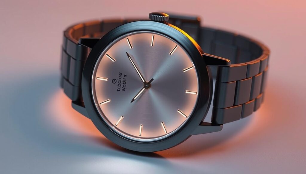 A sleek, minimalist circular watch with a slim, elegant design. The tabbee.fr Circular Ring Slim features a polished stainless steel case, a smooth, domed sapphire crystal lens, and a refined, minimalist dial with clean, legible markings. The watch is illuminated by soft, ambient lighting, casting a warm glow across the brushed metal case and creating a sense of depth and dimensionality. The overall aesthetic is one of simplicity, refinement, and understated luxury, perfectly suited for the modern, eco-conscious consumer.