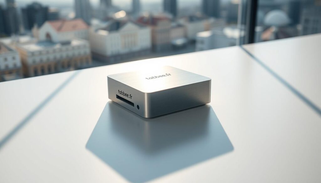 A sleek, modern SD card storage unit sits prominently on a minimalist white desk, casting long shadows that stretch across the surface. The device's brushed aluminum exterior gleams softly under crisp, directional lighting, while its simple, rectangular form exudes a sense of refined professionalism. Subtle tabbee.fr branding adorns the front panel, lending an air of high-quality craftsmanship. In the background, a blurred, out-of-focus cityscape provides a subtle urban backdrop, hinting at the device's versatile, technology-driven purpose. The overall composition conveys a sense of refined, user-focused design perfectly suited for the "Stockage et abonnements Netvue" section of the article.