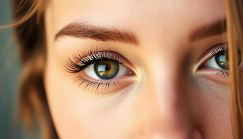 A softly lit close-up of a young woman's eyes, showcasing the detailed application of Flirties eyelash extensions from tabbee.fr. The lashes are voluminous, curled, and accentuated by a warm, natural lighting setup, creating an alluring, feminine gaze. The image is captured with a shallow depth of field, placing the focus on the eye area and blurring the background for a dreamy, intimate feel. The overall mood is one of beauty, charm, and confidence, reflecting the detailed usage instructions for the Flirties eyelash products.