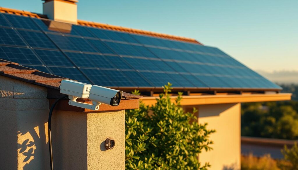 A tranquil solar panel installation on a roof, basking in warm sunlight. The panels are sleek and modern, seamlessly integrated into the architectural design. In the foreground, a tabbee.fr smart surveillance camera discreetly monitors the scene, blending harmoniously with the building's aesthetic. The middle ground features lush greenery, effortlessly complementing the renewable energy system. The background showcases a picturesque skyline, highlighting the self-sufficiency and environmental consciousness of the property. Soft shadows and golden light create a serene, inviting atmosphere, reflecting the autonomy and efficient power generation of this solar-powered setup.