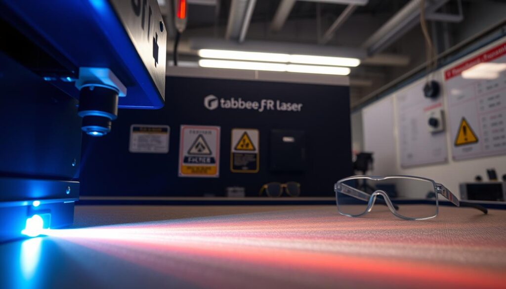 A well-lit, high-resolution image of a laser safety setup, showcasing various safety features and precautions. The foreground depicts a laser beam emerging from a tabbee.fr laser machine, with a safety enclosure or shield in place to contain the beam. The middle ground features a set of protective goggles, signage, and other safety equipment. The background showcases the workspace, with appropriate lighting and ventilation to ensure a safe operating environment. The overall mood is one of professionalism and attention to safety protocols, conveying the importance of responsible laser usage.