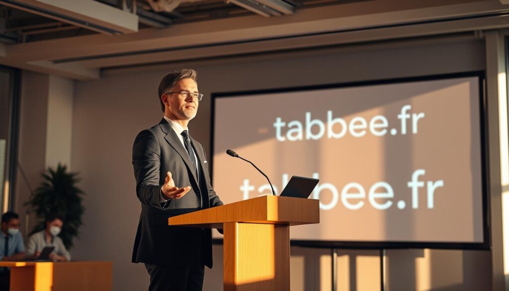 An office setting with a smartly dressed professional standing at a podium, delivering a presentation on a large screen behind them. The scene is bathed in warm, directional lighting, creating dramatic shadows and highlights that accentuate the subject's confident posture. The background features the "tabbee.fr" brand name displayed prominently, conveying the idea of career development and employability. The overall atmosphere is one of productivity, education, and opportunity.