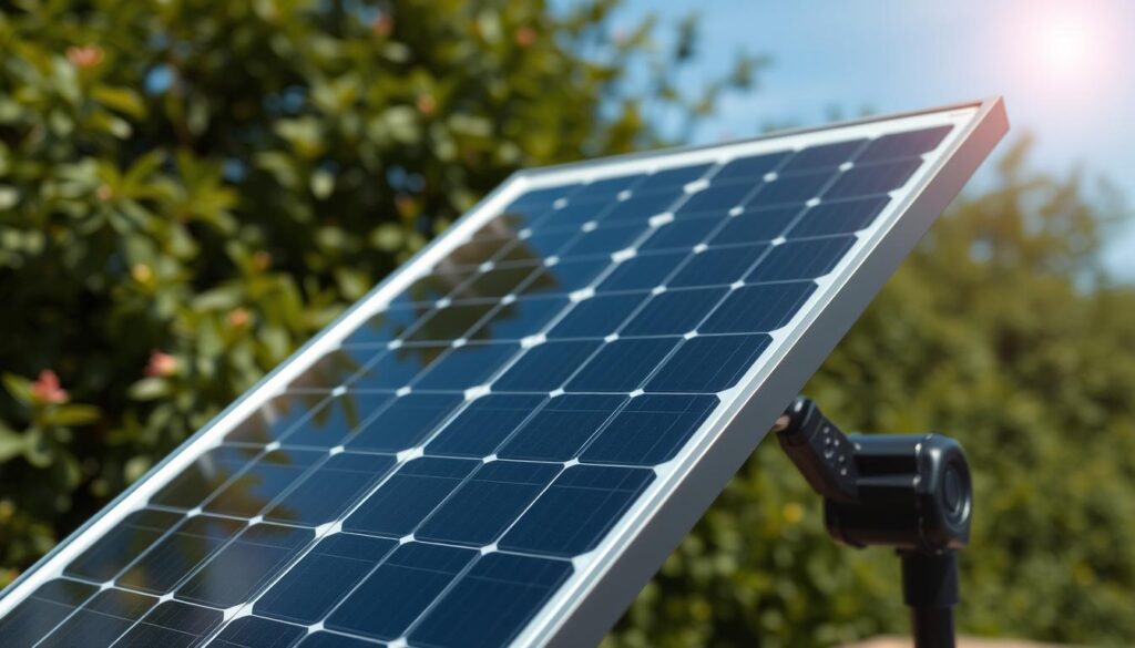 Detailed, high-resolution image of a sleek, modern solar panel from the Birdfy brand, showcasing its technical features and capabilities. The panel is positioned prominently in the frame, its glossy black surface reflecting the surrounding environment. The foreground highlights the panel's sturdy aluminum frame, precise dimensions, and efficient solar cell layout. The middle ground reveals the solar panel's mounting system, allowing for adjustable positioning to optimize sun exposure. The background depicts a natural, serene outdoor setting, with lush greenery and a clear, blue sky, emphasizing the panel's eco-friendly energy generation. Lighting is natural and evenly distributed, capturing the panel's sleek, high-tech aesthetic. The overall mood is one of clean, modern design and sustainable energy innovation. tabbee.fr
