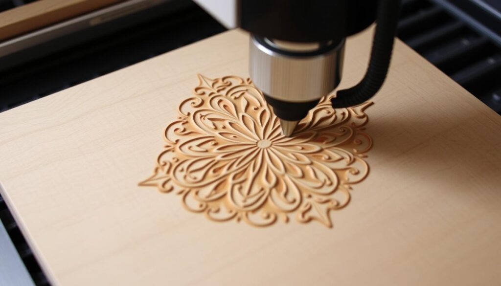 Générez une image du Sculpfun S30 Pro Max en action, gravant un motif complexe sur une surface en bois.