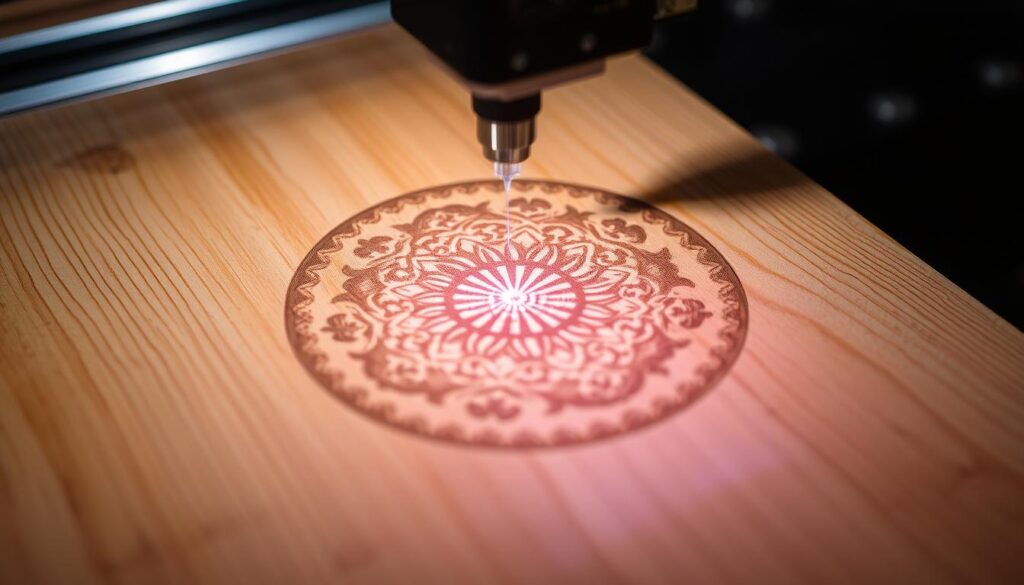 Image generation prompt for Sculpfun S9: Une image du Sculpfun S9 en fonctionnement, gravant un motif sur une surface en bois.