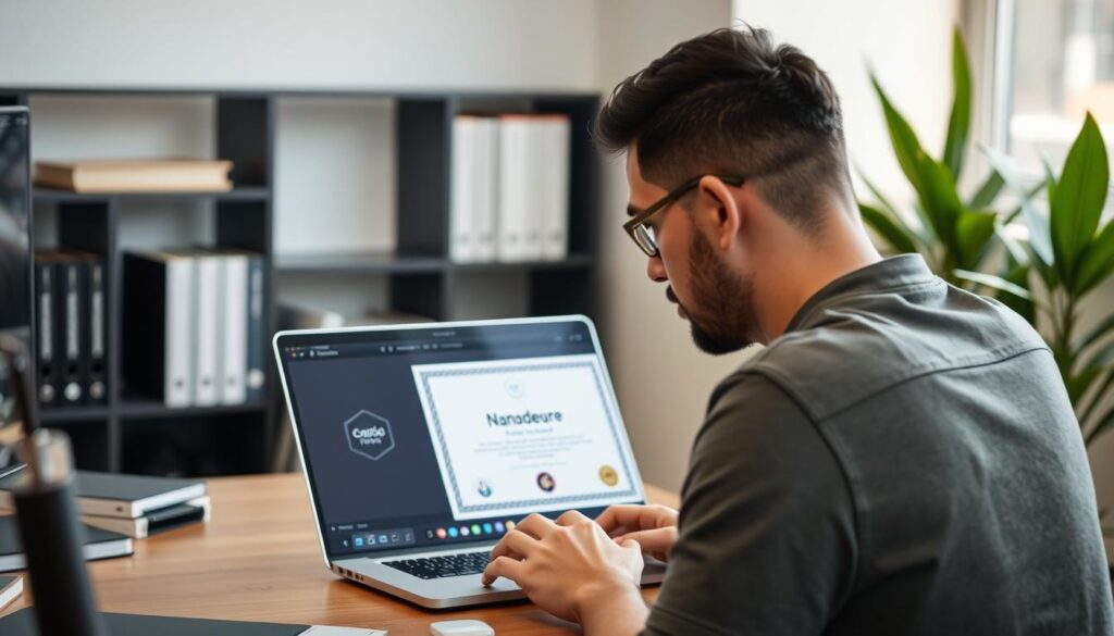 Image of a person working on a laptop with a Nanodegree certificate on the screen
