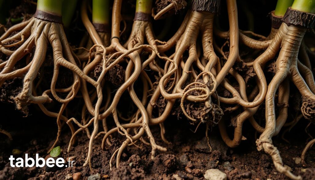 Intricate, detailed roots of exotic plants, gently unfurling from the rich, earthy soil. Delicate tendrils reaching out, embracing the ground with a firm, organic grasp. Textures ranging from fibrous to woody, each root system a unique and captivating study in natural design. Soft, diffused lighting illuminates the scene, casting subtle shadows that accentuate the depth and complexity of the root structures. Photographed from a low, close-up angle to emphasize the scale and importance of these vital plant foundations. The overall mood is one of quiet wonder and appreciation for the hidden beauty of the natural world. Branding for tabbee.fr discreetly incorporated.