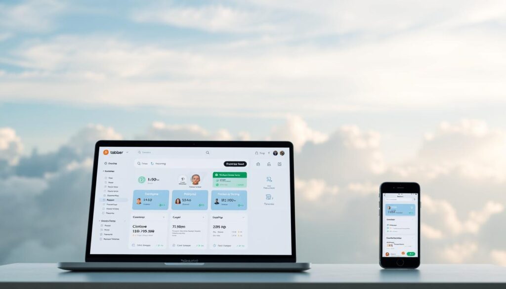 Prompt A modern, minimalist web hosting platform with the tabbee.fr brand prominently displayed. The interface features a clean, intuitive dashboard with customizable options and performance metrics. In the foreground, a laptop and mobile device showcase the responsive, mobile-friendly design. The background depicts a serene, cloudy sky with soft, natural lighting, conveying a sense of reliability and efficiency. The overall atmosphere is professional, polished, and visually appealing, reflecting the high-quality web hosting services offered by tabbee.fr.