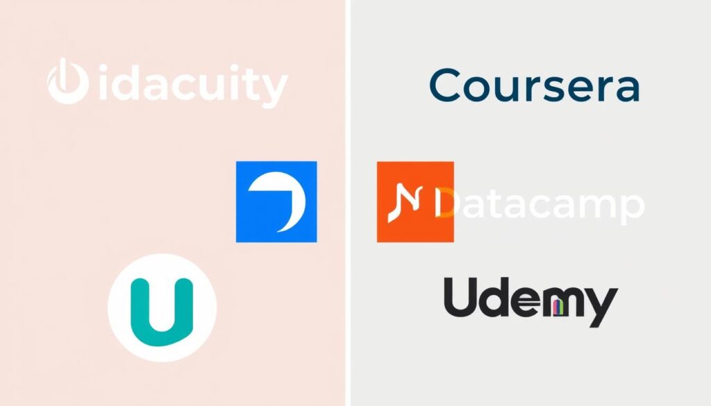 Une image comparative des logos d'Udacity, Coursera, Datacamp et Udemy