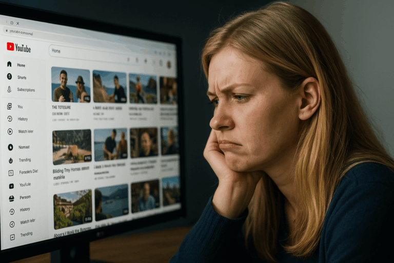 Femme désabusée devant Youtube à cause des traductions automatiques