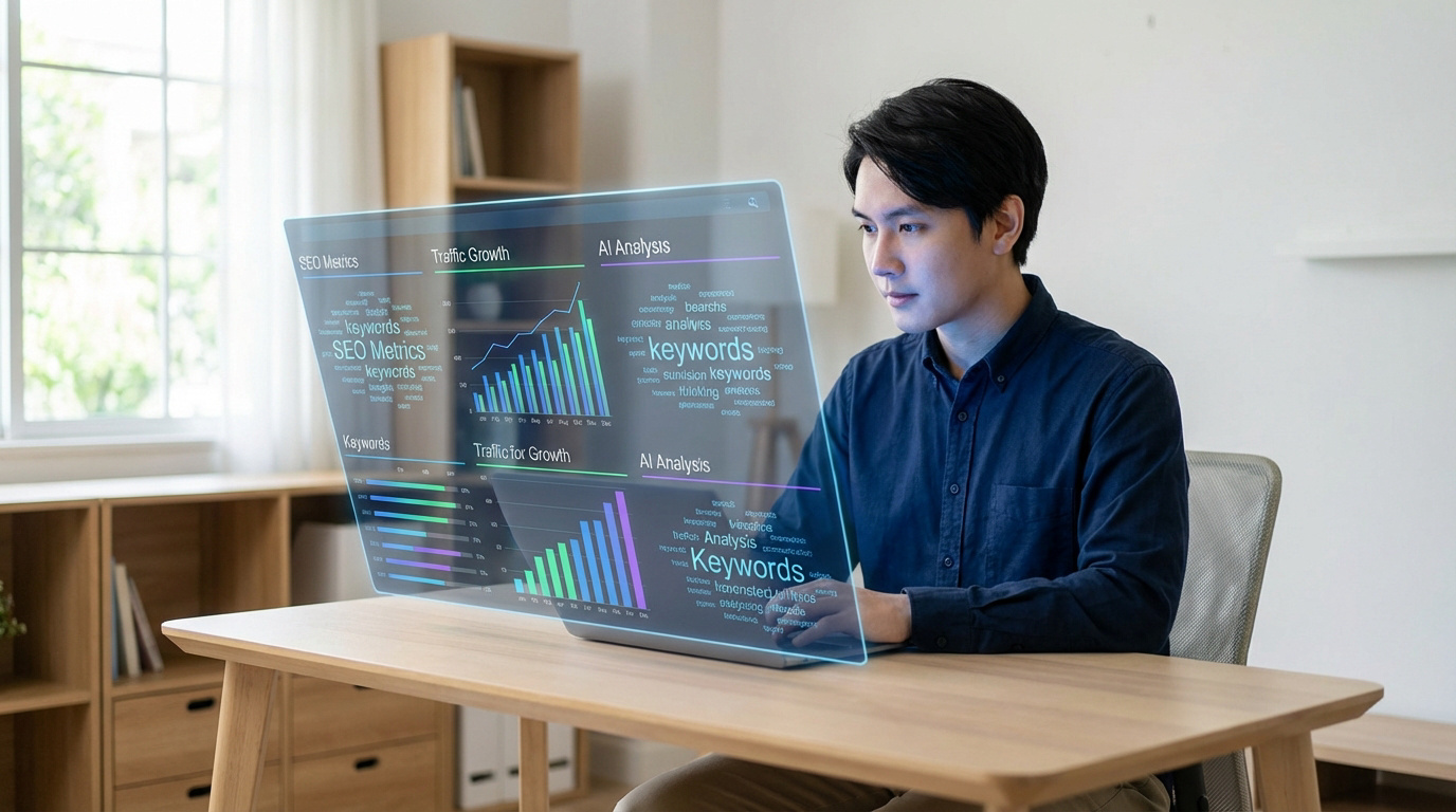 Homme analysant des données SEO et de trafic sur un écran holographique, affichant métriques, graphiques et mots-clés.