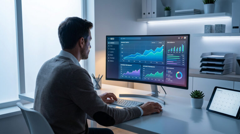 Homme regardant un écran d'ordinateur affichant un tableau de bord SEO avec des graphiques de trafic organique et de performance.