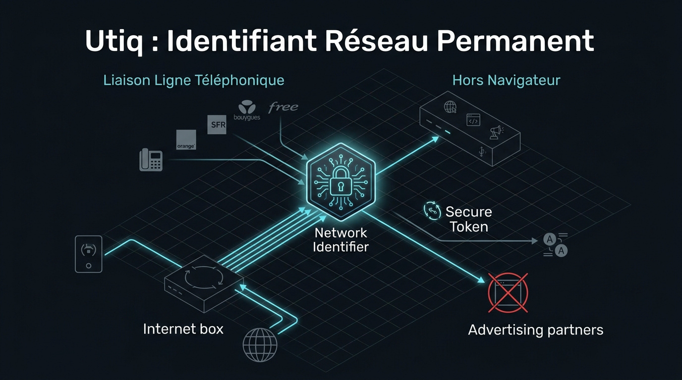 Schéma explicatif de l'identifiant réseau permanent Utiq via les opérateurs télécoms