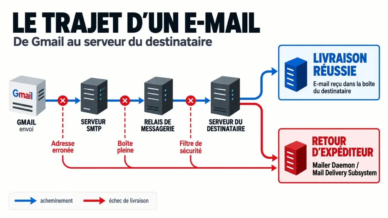 Schéma du trajet d'un email et du retour Mailer Daemon Gmail en cas d'échec de livraison