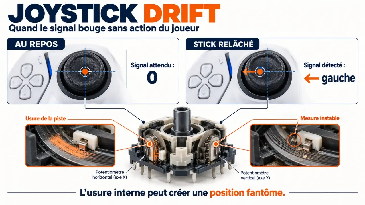 Schéma du drift d’une manette PS5 lorsque le joystick gauche bouge tout seul