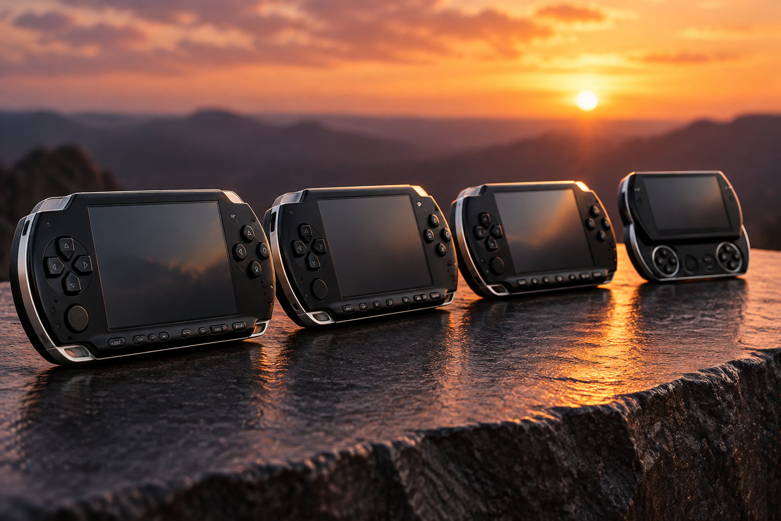 Quatre consoles de jeu portables noires sont posées sur une surface rocheuse devant un coucher de soleil.