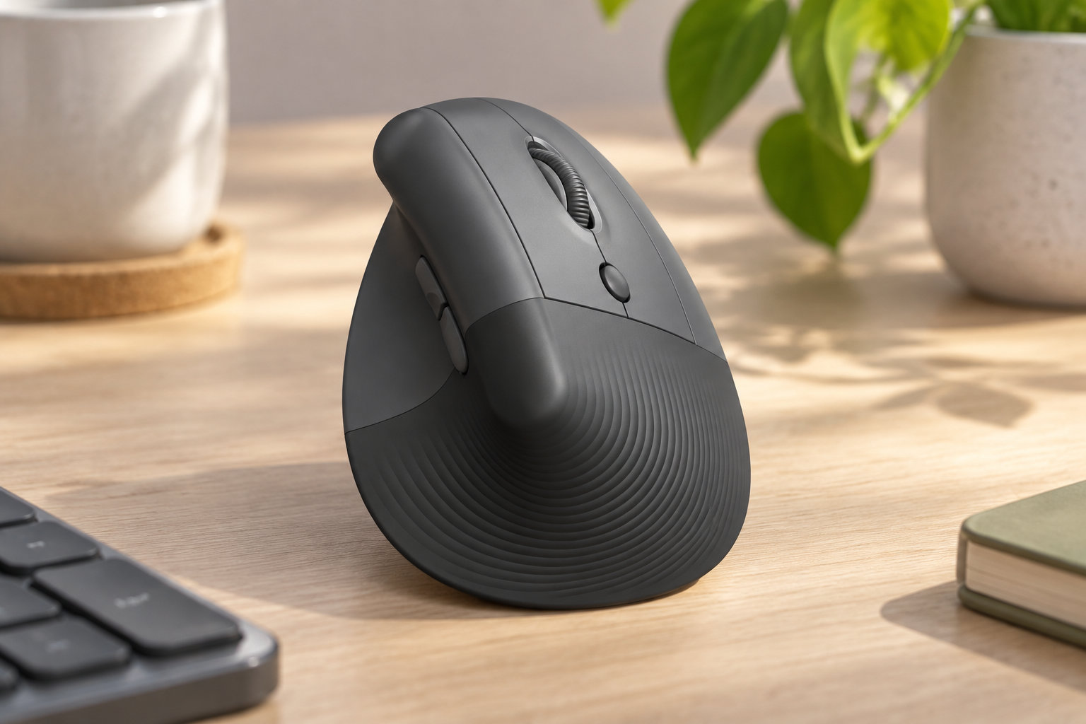 Une souris d’ordinateur noire à prise verticale est posée sur un bureau en bois, près d’un clavier, d’un livre et de plantes en pot.