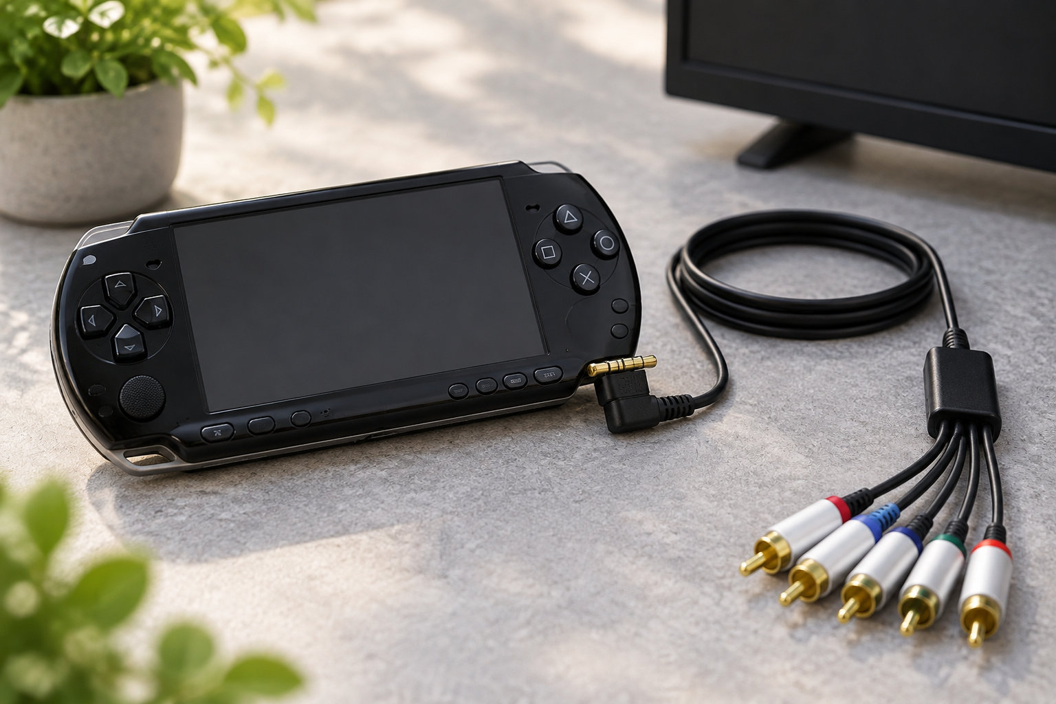 Une console de jeu portable noire est posée sur une table, à côté d’un câble enroulé avec plusieurs fiches, tandis qu’un écran et des plantes apparaissent en arrière-plan.