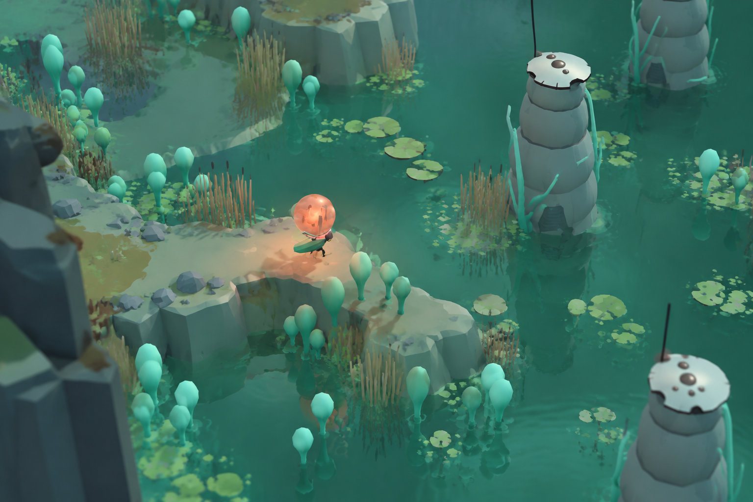 Un petit personnage portant une lumière orange se tient sur un îlot rocheux au milieu d’un marécage, entouré de plantes aquatiques et de hautes structures grises.