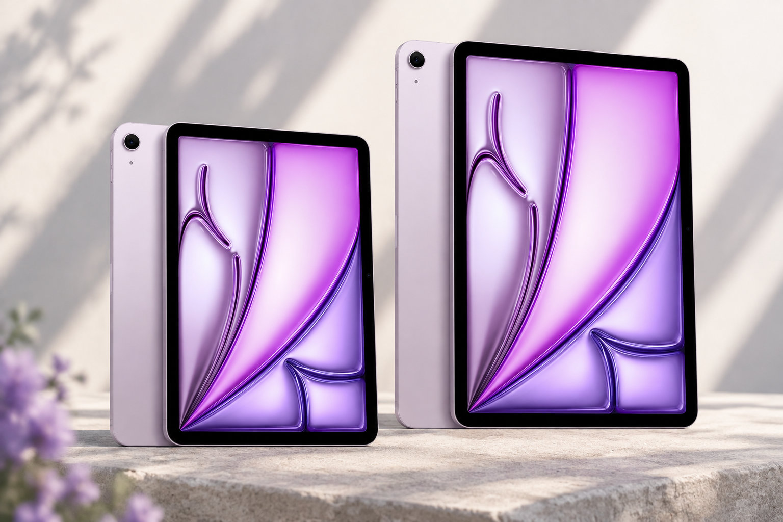 Deux tablettes à écran violet sont posées côte à côte sur une surface en pierre, devant un fond clair et flou.