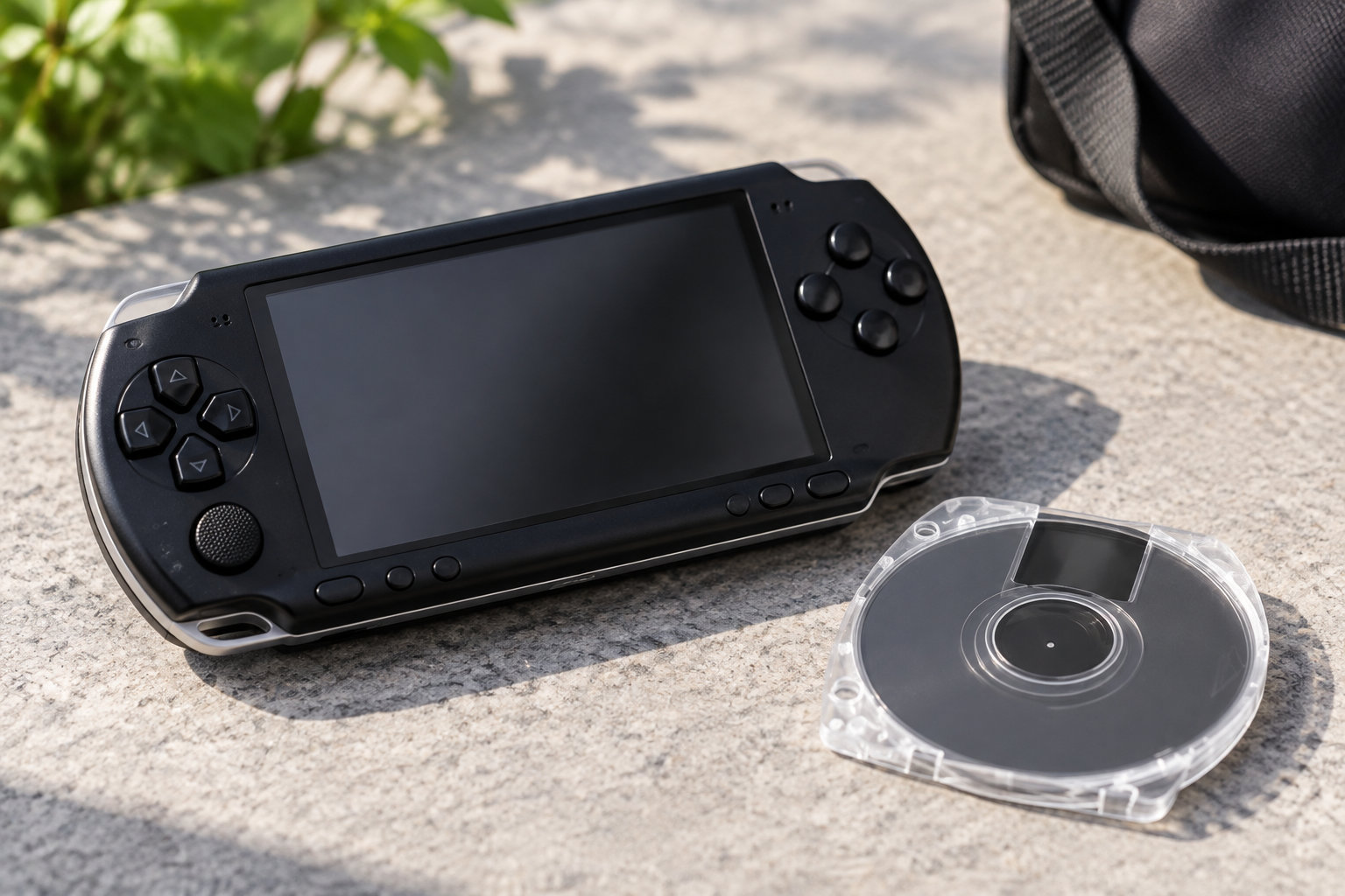 Une console de jeu portable noire à écran éteint et un disque dans un boîtier transparent sont posés sur une surface en pierre.