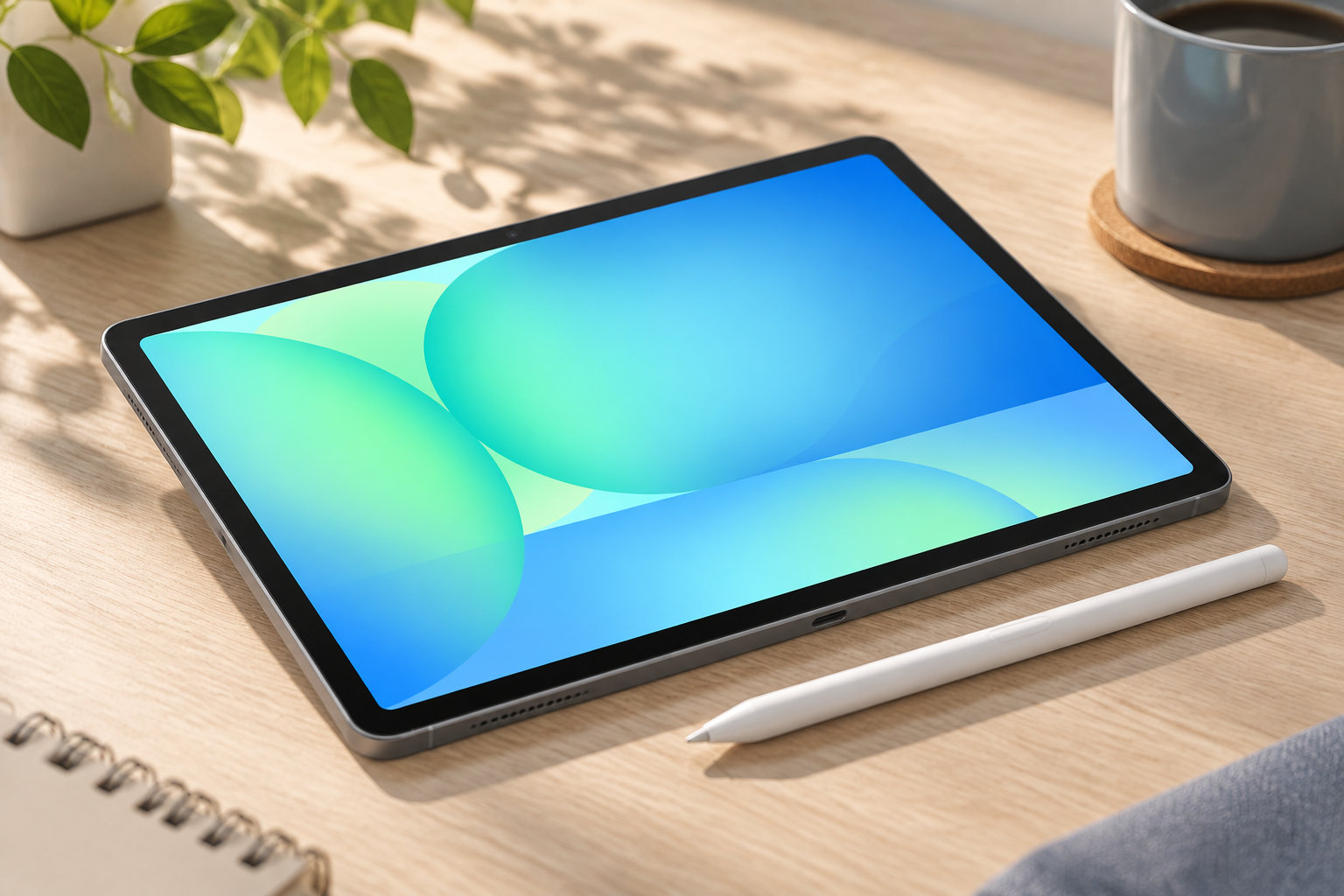 Une tablette à écran coloré et un stylet blanc sont posés sur un bureau en bois, près d’une plante et d’une tasse.