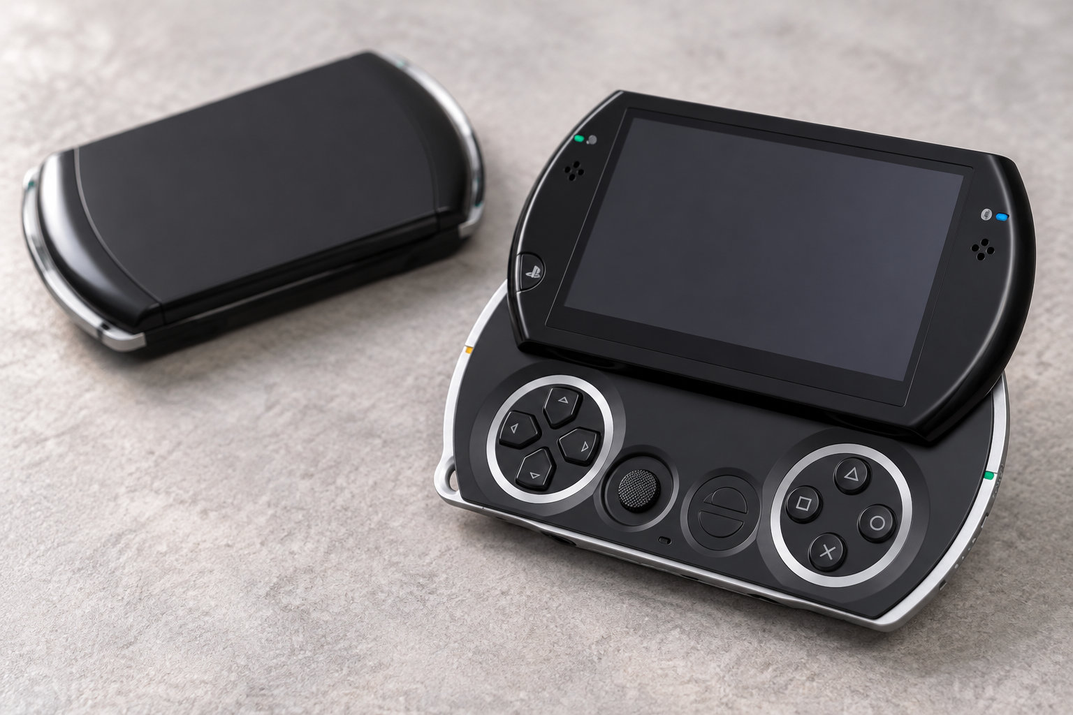 Deux consoles de jeu portables noires sont posées sur une surface claire, l’une ouverte avec l’écran éteint et les commandes visibles, l’autre fermée.