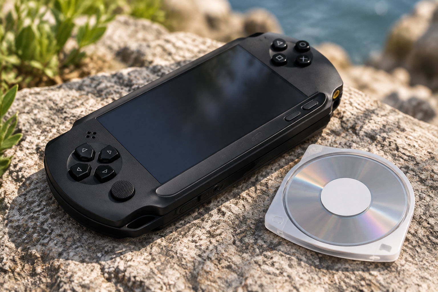 Une console de jeu portable noire et un disque optique dans son boîtier transparent sont posés sur un rocher près de l’eau.