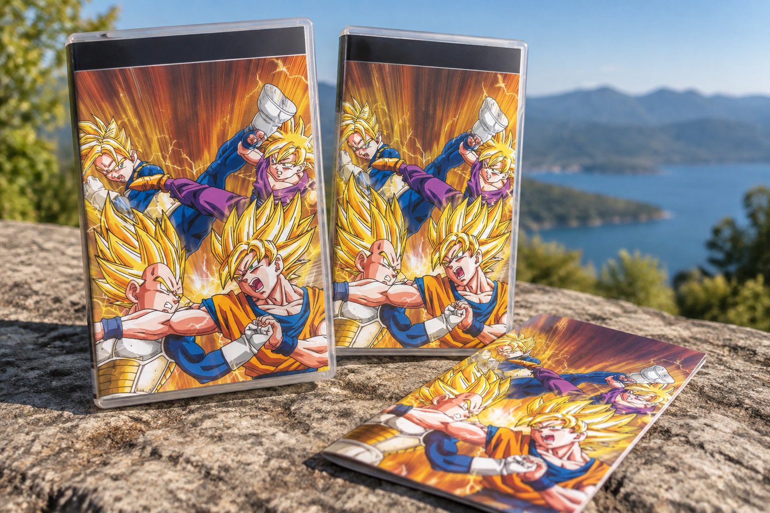 Deux boîtiers et une jaquette illustrés de personnages de manga sont posés sur un rocher, devant un lac et des montagnes.