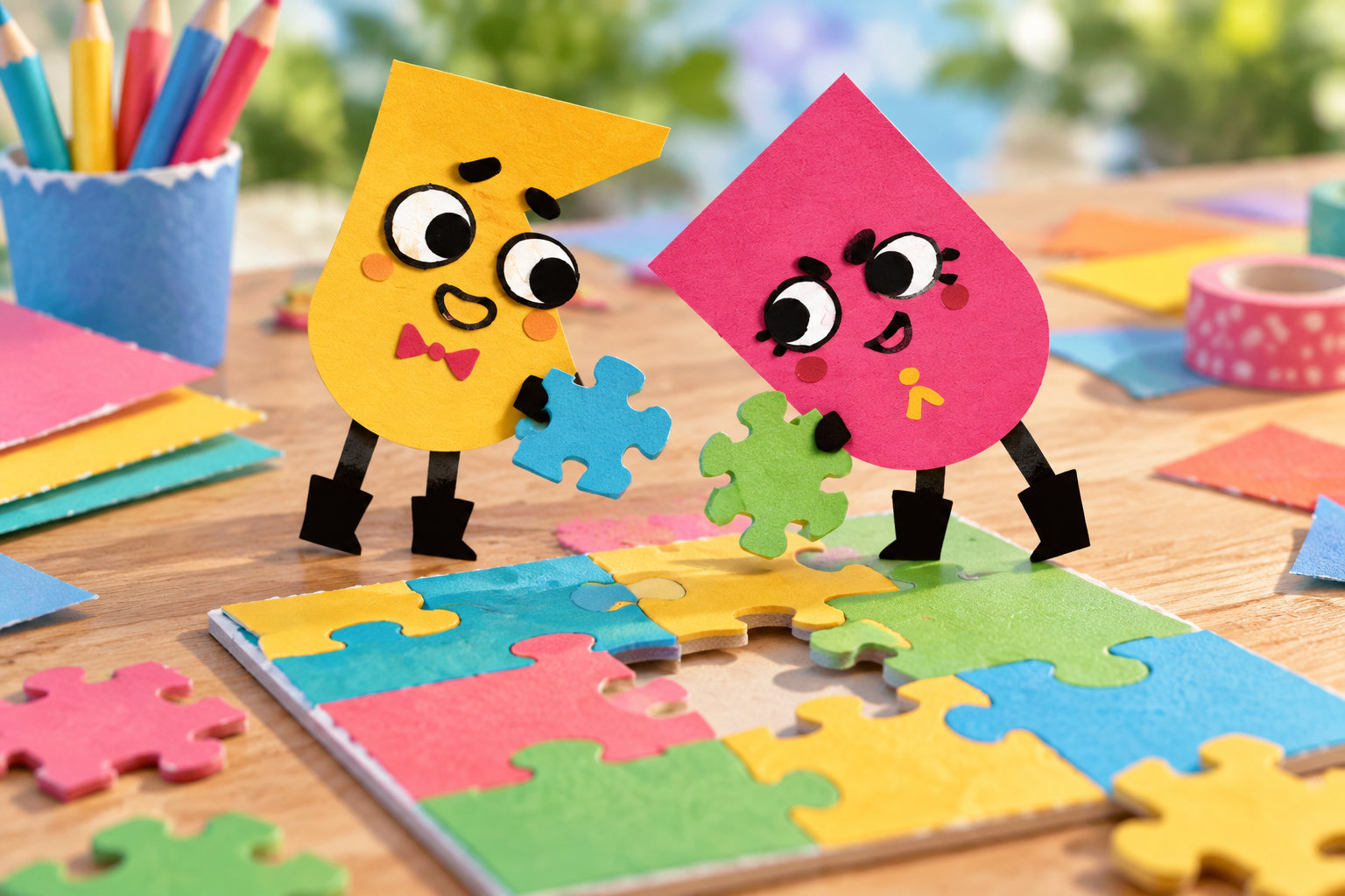 Deux personnages souriants en papier coloré tiennent des pièces de puzzle au-dessus d’un puzzle incomplet posé sur une table de bricolage.