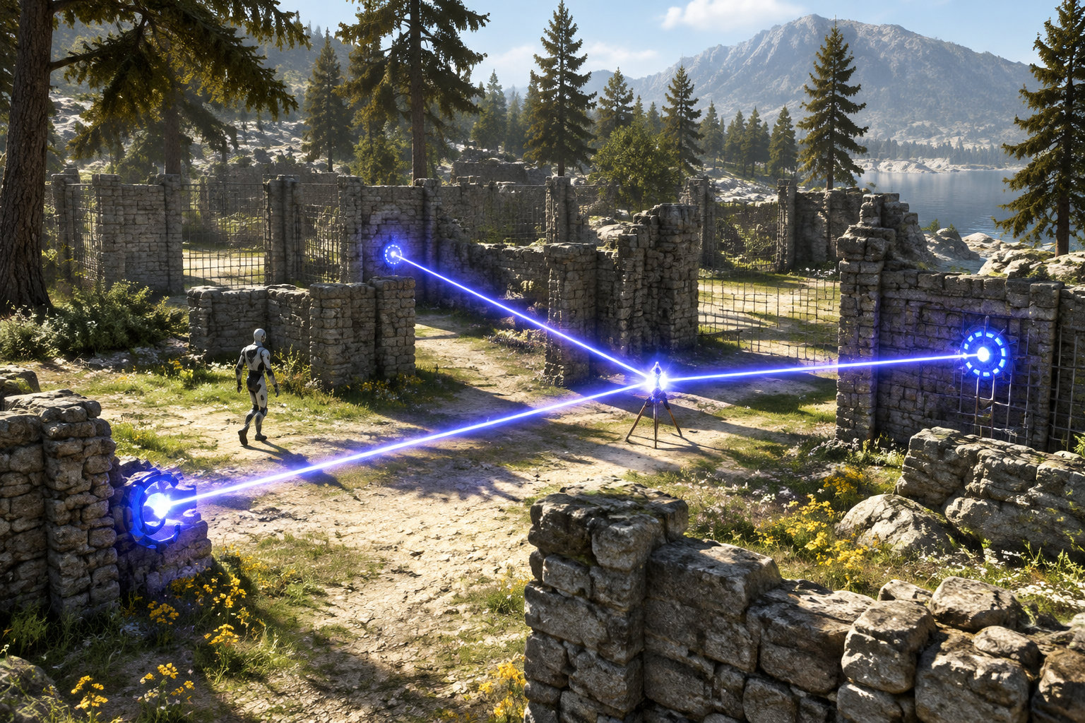 Un personnage traverse des ruines de pierre où des faisceaux lumineux bleus relient plusieurs dispositifs, au milieu d’une forêt bordant un lac et des montagnes.