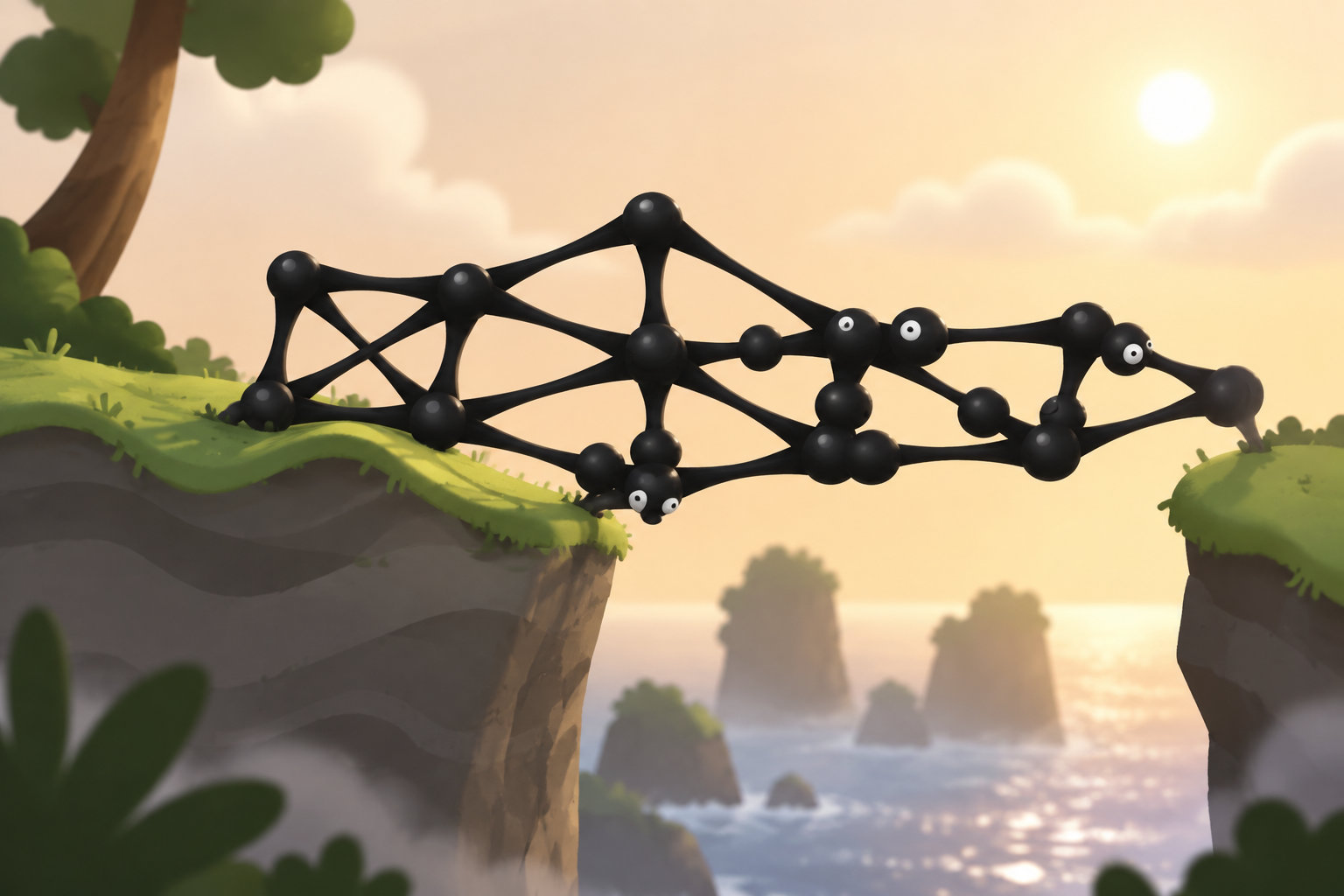 Des sphères noires reliées entre elles forment un pont entre deux falaises verdoyantes au-dessus de la mer, sous un soleil couchant.