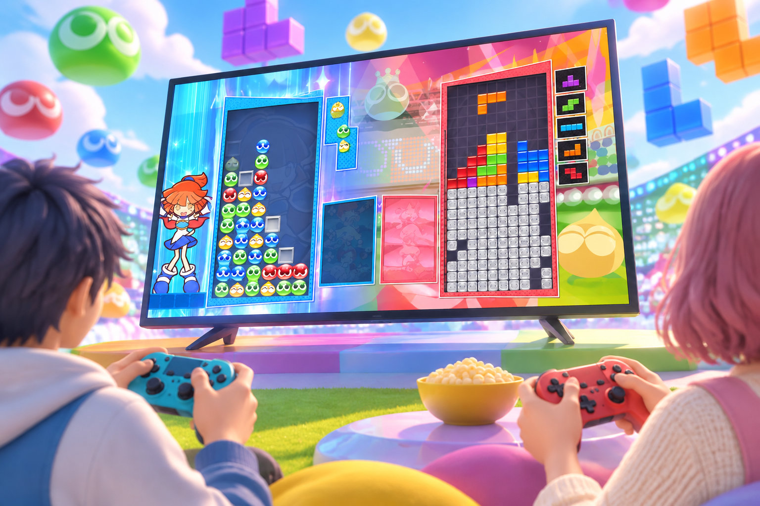 Deux personnes tiennent des manettes devant un grand écran affichant un jeu de puzzle coloré, avec un bol de maïs soufflé entre elles.